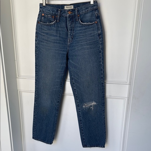 Madewell Petite Classic Straight Leg Jeans Jade Wash Knee-Rip Edition size 26 - Picture 4 of 16